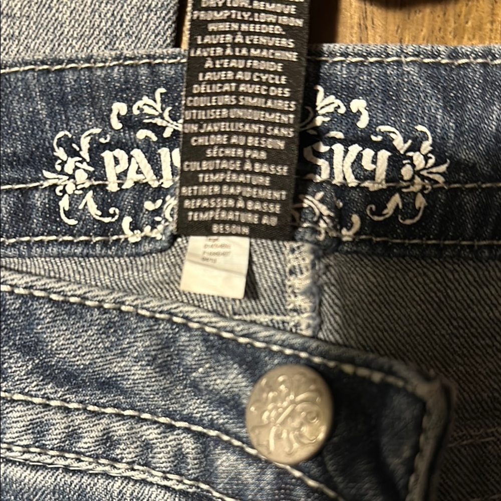 Paisley Sky Blue Boot Cut Jeans with Embroidery and Distressed Details. Size 6 - Picture 7 of 13